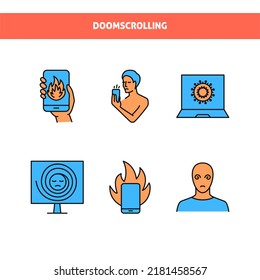 Bad News Icon Set In Colored Line Style. Doomscrolling, Doom Surfing Symbols.