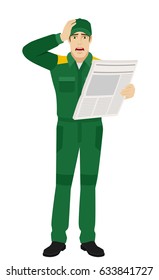 Bad News. Worker With Newspaper Grabbed His Head. Full Length Portrait Of Delivery Man Or Worker Character In A Flat Style. Raster Illustration.