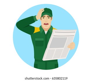 Bad News. Worker With Newspaper Grabbed His Head. Portrait Of Delivery Man Or Worker In A Flat Style. Raster Illustration.