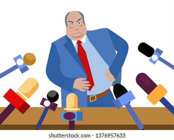 Bad Politician, Corrupt Official Gives Interviews To Journalists. In Minimalist Style. Flat Isometric Raster Illustration Isolated On White Background