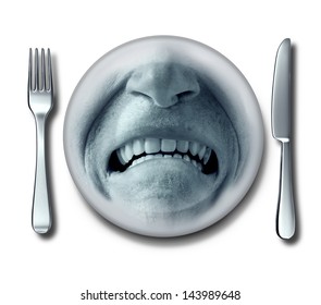 Bad Service Experience At An Awful Restaurant With A Fork And Knife And A Plate With A Disgusted Grossed Out And Disgruntled Customer Expression That Has Nausea Or Food Poisoning.