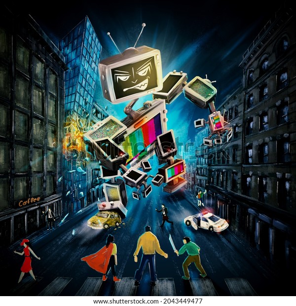 Bad TV Digital Illustration, TV Robot attack\
city destroying buildings and\
cars
