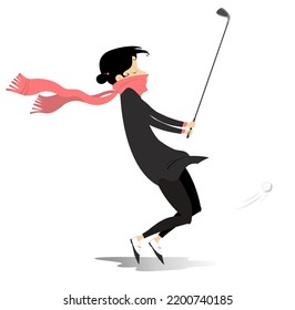 Bad Weather. Golfer Woman On The Golf Course Illustration. 
Strong Wind. Young Golfer Woman With A Golf Club Tries To Do A Good Shot
