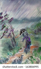 Bad Weather, Unexpected Rain, Woman,cat And Dog