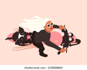 Badass Biker Girl Or Woman On Motorcycle With Dog