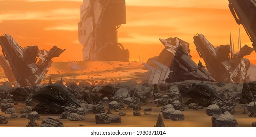 Badlands yellow desert. Digitally painted concept art. Golden hour. Alien planet. Colorful artistic landscape. 2d illustration.
