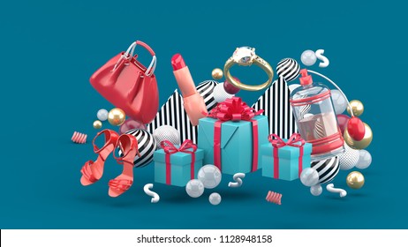 Bag, Lipstick, High Heels, Rings, Perfume And Gift Boxes Amid Colorful Balls On A Green Background.-3d Rendering.