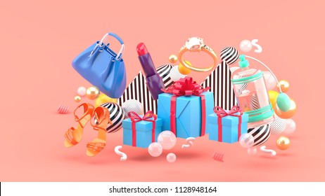 Bag, Lipstick, High Heels, Rings, Perfume And Gift Boxes Amid Colorful Balls On A Pink Background.-3d Rendering.