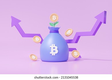 Bag money tree with bitcoin or Cryptocurrency on purple background business profit investment, finance strategy trade, savings, cartoon cute smooth. 3d render illustration