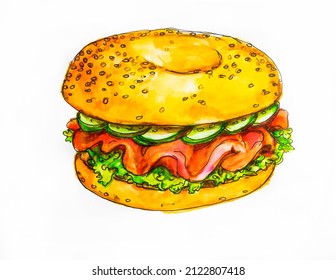 Bagel With Salmon And Cream Cheese, Cucumbers And Lettuce, American Cuisine, Watercolor Illustration Isolated On White Background, Sketch
