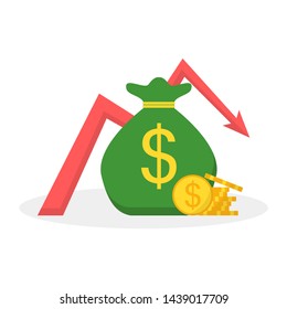 Bagful With Gold Coins And Down Red Arrow Stocks Graph. Money Loss Concept, Financial Crisis, Market Fall