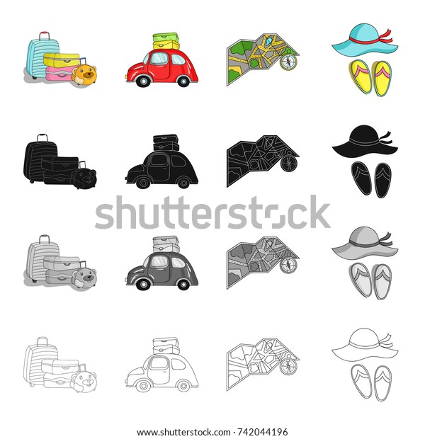 Baggage, a car with things, a map and a compass, a\
hat and slippers. Family holiday set collection icons in cartoon\
black monochrome outline style bitmap,raster symbol stock\
illustration\
web.