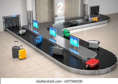 Baggage Claim In Airport Terminal. Suitcases On The Airport Luggage Conveyor Belt. 3d Illustration