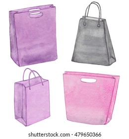 Bags isolated. Shopping bags. Colorful accessories. Various female handbags. Paper bag collection. Eco bags. Package. Watercolor set.
