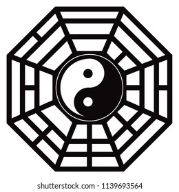 Bagua Trigram Yin Yang eight symbolsTaoist cosmology Chinese principles black and white illustration