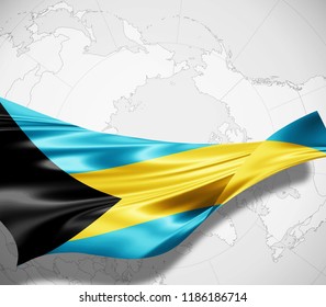 Bahamas flag of silk and world map background -3D illustration 