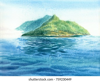 Baikal Lake Island, Bright Sunny Day Watercolor Landscape Illustration