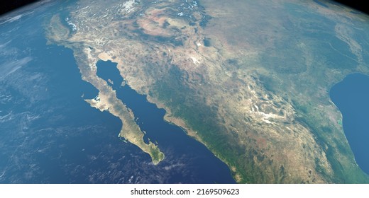 Baja California Peninsula In Earth Planet. Aerial View. 3d Rendering