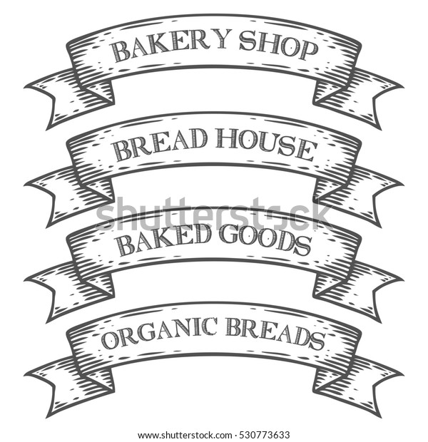 ベーカリー ベイク ショップ マーケット エンブレムのリボン 白い背景に中世の白黒のセットビンテージ彫刻のサイン スケッチ手描きのイラスト レトロ調の新鮮な食べ物のパン屋さん のイラスト素材