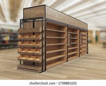 Bakery And Bread Display, Wood Slat Gondola Shelving Kit. 3D Render Illustration.
