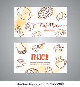 Bakery business card template with pastries. Sweet pastry, cupcakes, dessert cards with chocolate cake, sweets. Ice Cream Hand drawn sketch.  - Powered by Shutterstock