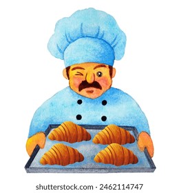 bakery chef baker fresh bread croissant food cooking professional kitchen man chef bake pastry delicious bun breakfast meal art illustration watercolor painting design white isolated background - Powered by Shutterstock