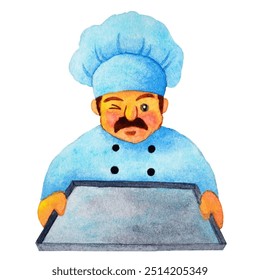 bakery chef baker holding empty tray for fresh bread food cooking professional kitchen man bake pastry meal art illustration watercolor painting design white isolated background symbol icon logo sign - Powered by Shutterstock