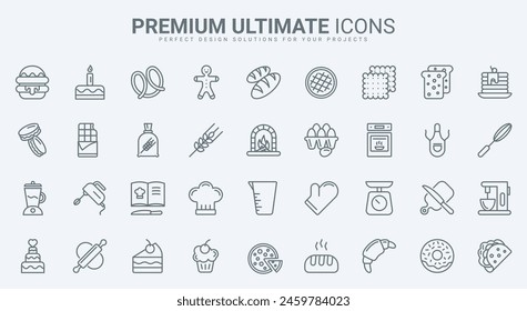 Bakery, confectionery thin line icons set illustration. Abstract outline sweet food collection with kitchen equipment to cook dessert and bake bread, sugar pictogram menu for restaurant or cafe - Powered by Shutterstock