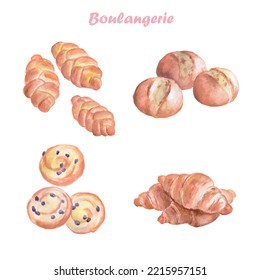 Bakery,  Croissants ,rolls With Raisins, Watercolor Food Illustrations 