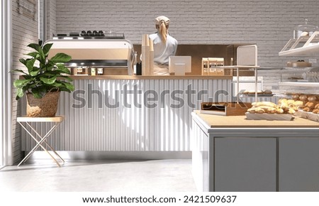 Bakery display shelf with bread, bun, female barista working at modern white brick wall cafe behind wooden counter, with professional espresso machine for bakery, coffee shop, restaurant business 3D