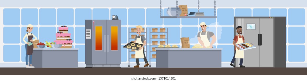 Bakery Kitchen Interior With Smiling Workers And Different Equipment. People Baking Tasty Bread, Cupcakes And Making A Giant Cake With Pink Cream. Flat  Illustration