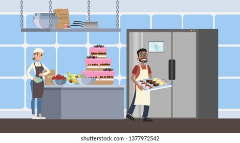 Bakery Kitchen Interior With Smiling Workers And Different Equipment. People Baking Tasty Cupcakes And Making A Giant Cake With Pink Cream. Flat  Illustration