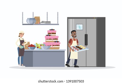 Bakery Kitchen Interior With Smiling Workers And Different Tools. People Baking Tasty Cupcakes And Making A Giant Cake With Pink Cream. Flat  Illustration