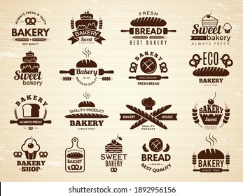 Bakery labels. Pastry and cupcakes cafe icons kitchen food bakery products illustrations