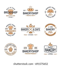 Bakery logo set consisting of icons bread, cupcake, croissant, cup of coffee, spica for corporate identity baking firm, loaf store, food market, coffee shop, cafe.