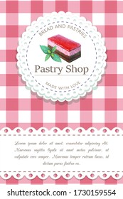 Bakery, pastry shop label, logo, flyer template with cake illustration and lettering. bakeshop background in retro vintage style. banner for bakehouse, bread packaging design. drawn watercolor sketch