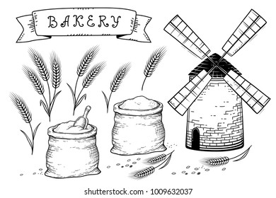 bakery set with wheat ears, grains, mill and sacks with flour