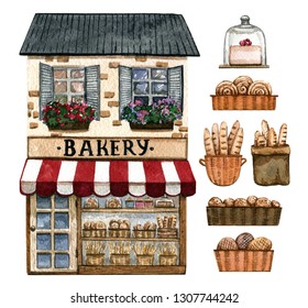 Bakery Shop And Baked Goods Isolated On White.  Watercolor Hand Painted Illustration.