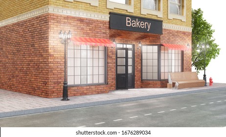 Bakery or shop with delicious pastries. Exterior of a building near the road. View from street is a bench with a garbage bin, street lights and a beautiful tree, 3d illustration