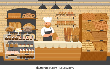 Bakery shop. Showcases with bread, buns and cakes. Baker. Cartoon style.