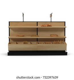 Bakery Slatted Shelf Fixture On White. Front View. 3D Illustration