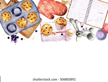 Baking Blueberry Muffins. Watercolor Illustration. 