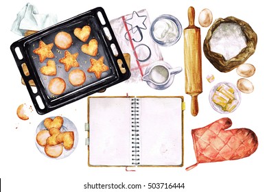 Baking Cookies. Watercolor Illustration With Blank Space For Text.