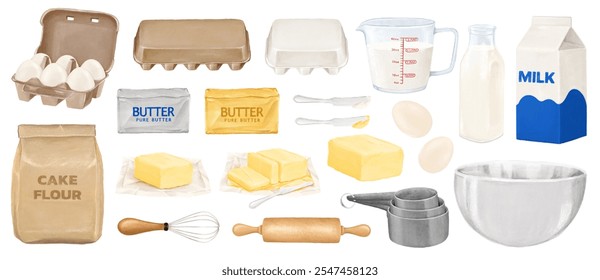 Baking essentials: eggs, butter, flour, milk, whisk, rolling pin. Eggs, butter, flour for baking. Milk, whisk, rolling pin for baking essentials.  Food illustrations isolated on white background.