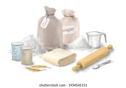 Baking Ingredients On White Background. Eggs, Rolling Pin, Flour, Sugar, Puff Pastry. Home Baking Concept, Baking Cake Or Cookies Ingredients. Hand Drawn Illustration