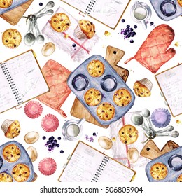 Baking Muffins. Watercolor Seamless Pattern. 