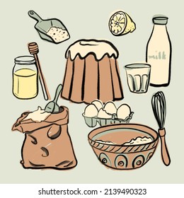 Baking Set Illustration. Set Of Pound Cake Ingredients. Flour, Eggs, Lemon, Milk Bottle, Honey Jar, Whisk, Bowl. Nice Brown, Blue And Yellow Color Pallet. Kitchenware. Cooking, Baking. Cook Book.