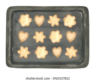 Baking Sheet With Cookies Isolated On White Background. Watercolor Hand Drawn Illustration