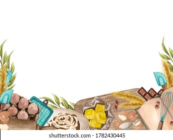Baking square frame with kitchen utensils, jug, butter, whisk, mixer, potholders, recipes book, rolling pin, wheat, eggs on white background. Watercolor cooking clip art. space for your text.