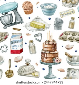 Baking tools and products seamless pattern isolated on white background. Hand drawn bakery background. Watercolor  illustration with cakes for design menus, recipes and packages product.